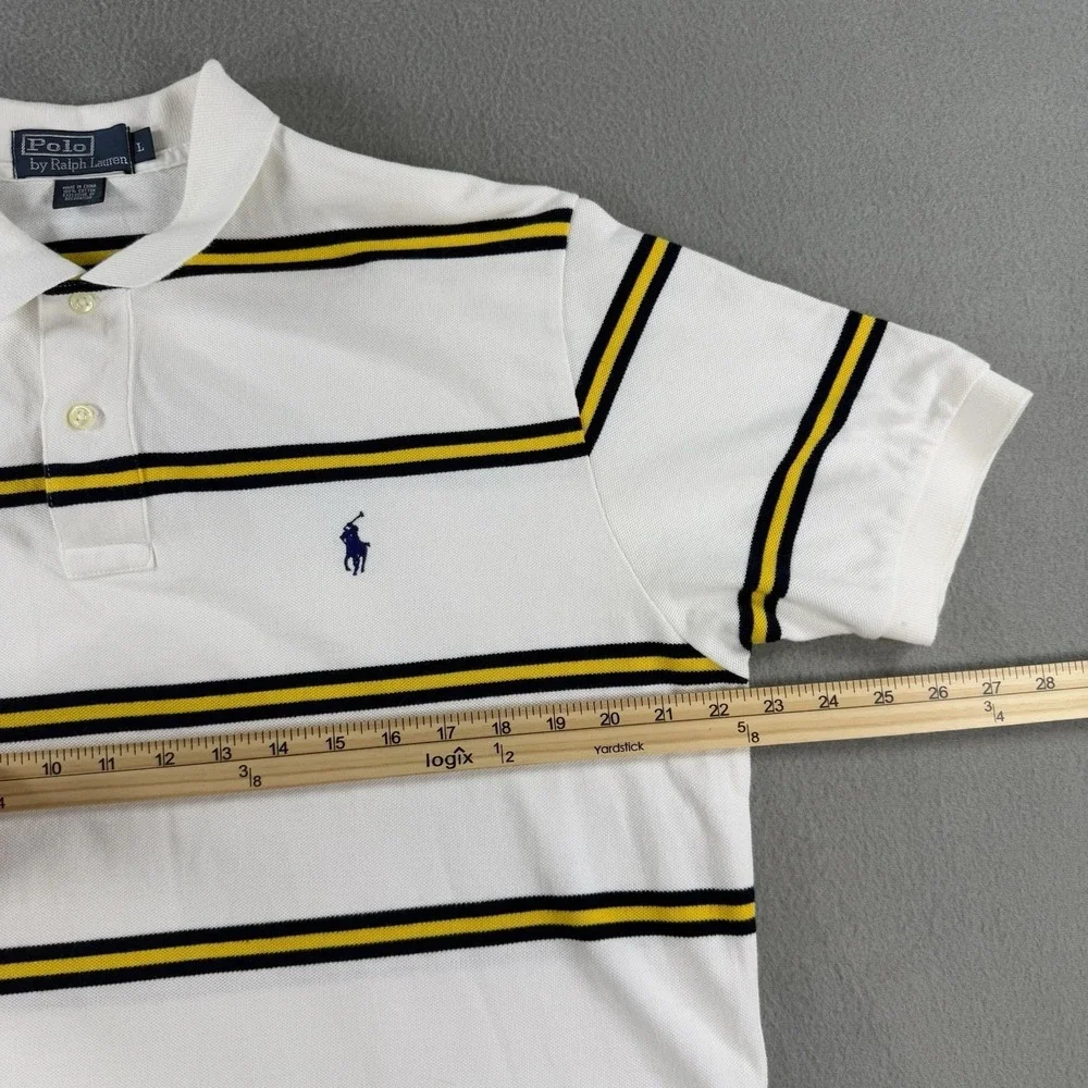 Vintage Y2K Polo Ralph Lauren Shirt Mens Large Navy Blue Yellow Stripe Pony